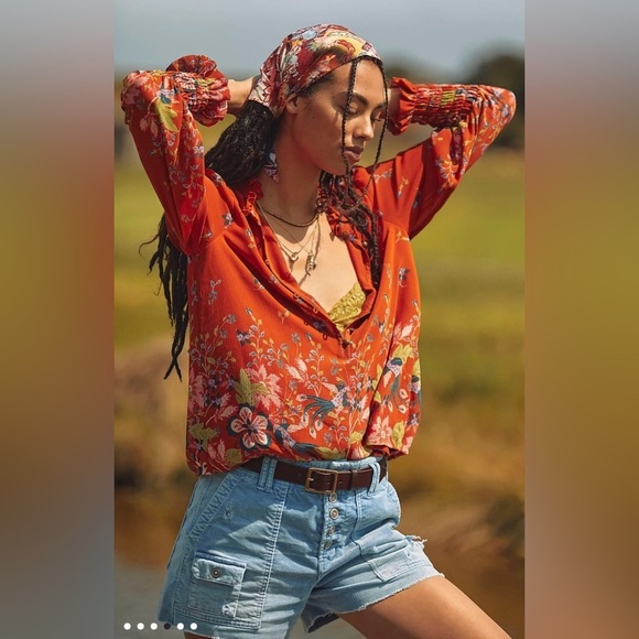 Anthropologie Tops - Women’s Anthropologie Boho Floral Motif Chiffon Festival Puff Sleeve Blouse